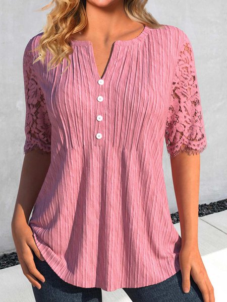 V Neck Lace Plain Casual Shirt, Pink, Shirts & Blouses