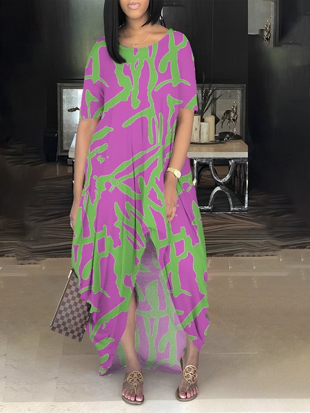 Half sleeve Random Print Crew Neck Casual Dress, Rose red, Maxi Dresses