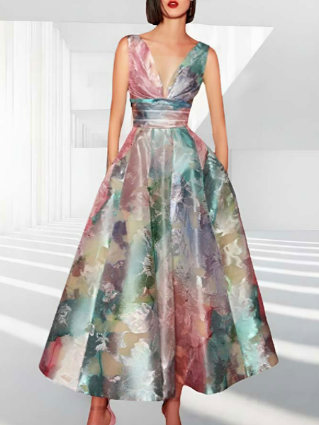 Floral Elegant V Neck Wedding Guest Dress, Multicolor, Maxi Dresses