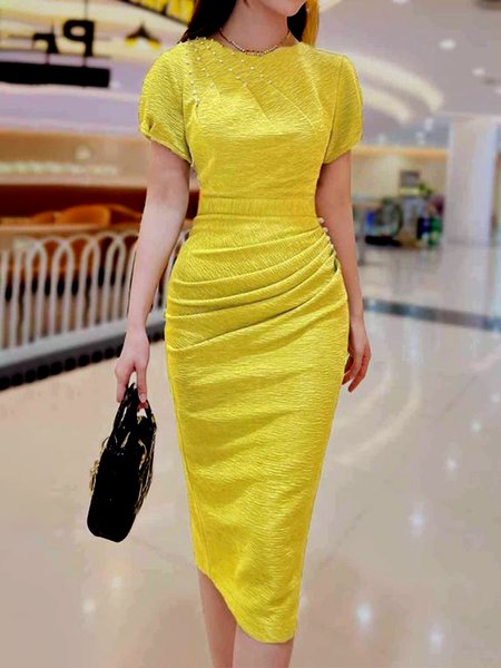 Short sleeve Elegant Crew Neck Tight Dress, Yellow, Midi Dresses