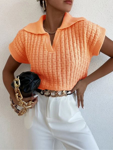 Plain Urban Shirt Collar Short sleeve Sweater, Orange, Pullovers