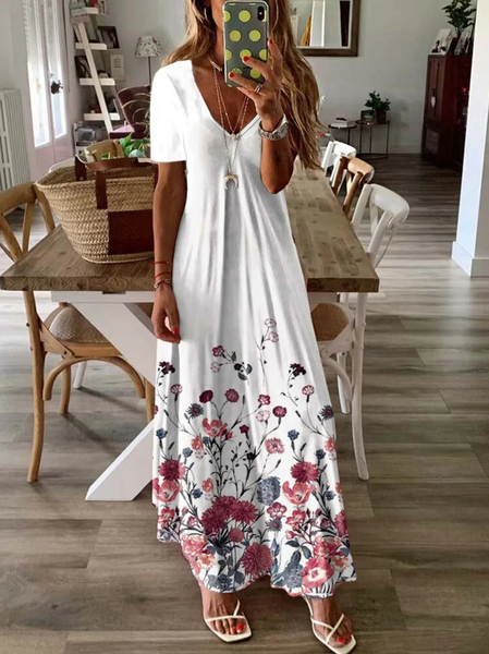 Floral Casual V Neck Loose Dress, White, Dresses