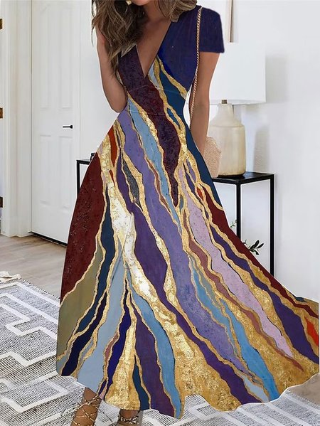 Casual Gradient Pattern V Neck Loose Dress, Purple, Dresses