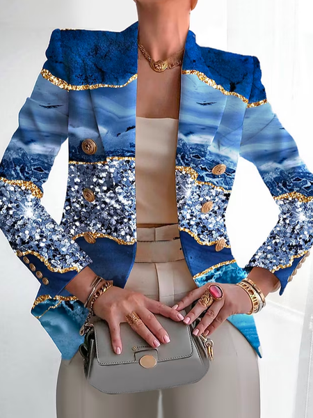 Cross Neck Casual Geometric Blazer, Blue, Blazers