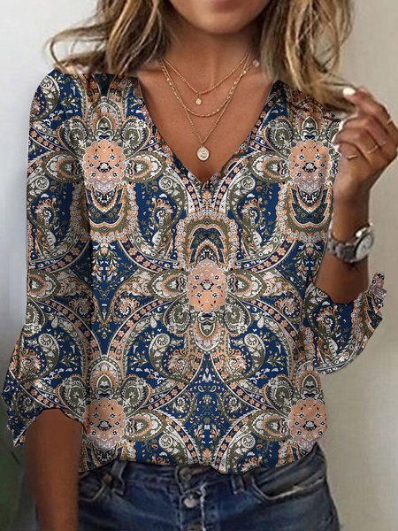 Casual V Neck Knitted Ethnic T-Shirt, Blue, T-Shirts