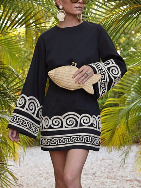 Casual Abstract Crew Neck Regular Fit Mini Dress With No Belt, As picture, Mini Dresses