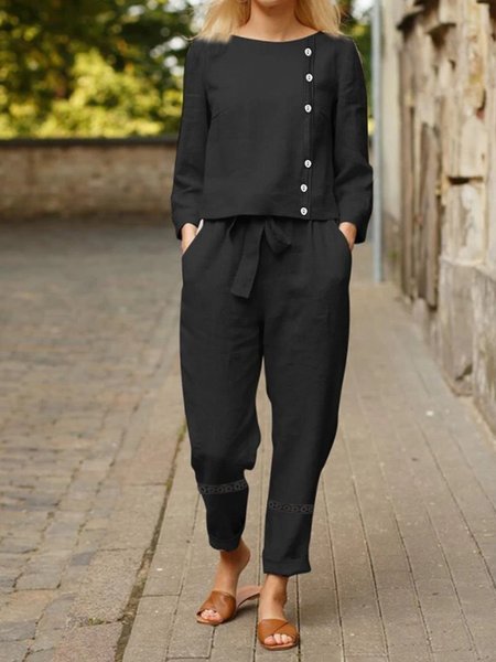 Loose Crew Neck Casual Two-Piece Set, Black, Suits
