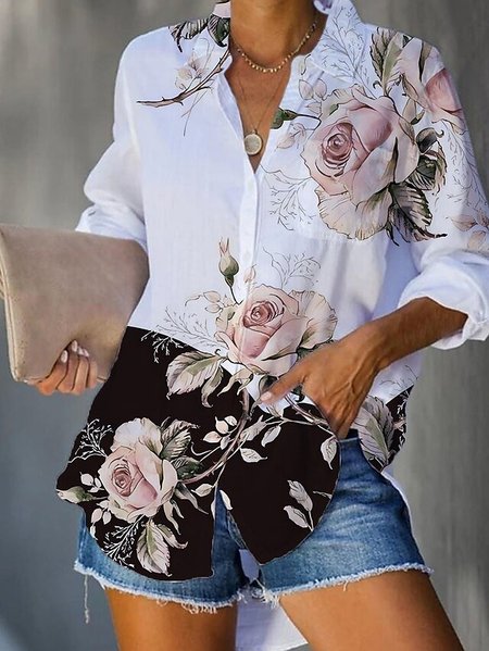 Shawl Collar Casual Loose Blouse, White, Shirts & Blouses