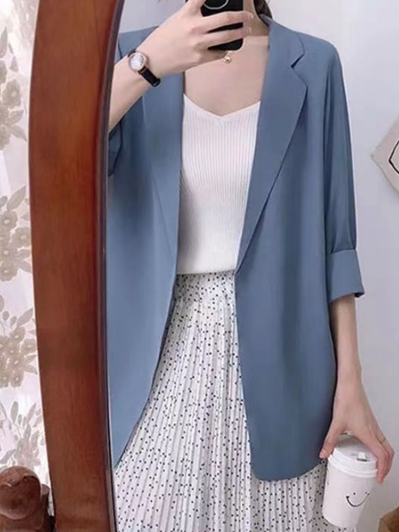 Lapel Collar Plain Casual Blazer, Blue, Outerwear
