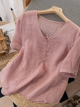 Buckle Plain Short Sleeve Casual Shirt, Pink, Blouses & Shirts