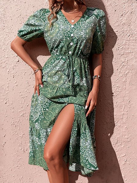 Regular Fit Floral V Neck Vacation Dress, Green, Midi