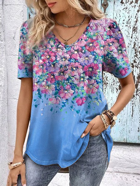 Casual Knitted V Neck Loose Floral T-Shirt, Blue, T-Shirts