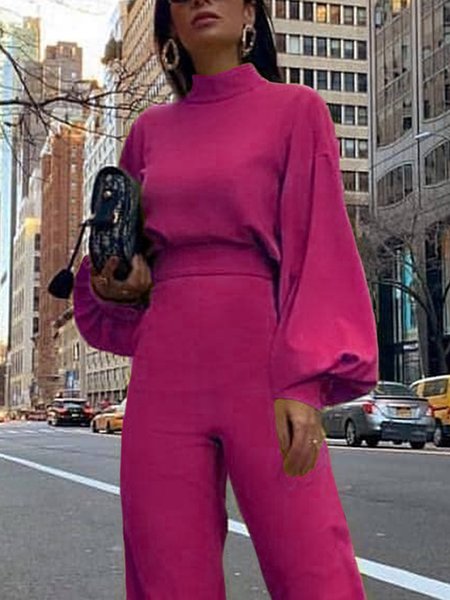 Stand Collar Regular Fit Urban Plain Long Sleeve Shirt, Deep pink, Blouses and Shirts
