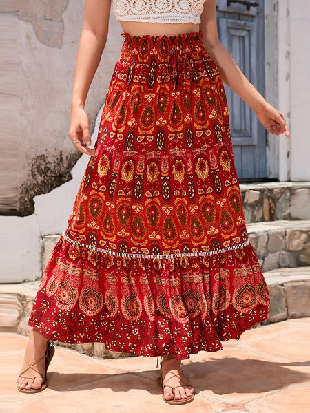 Casual Loose Floral Skirt, Red, Skirts