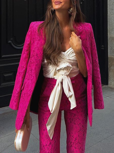 Lace Lapel Collar Urban Long Sleeve Plain Blazer, Rose red, Blazers