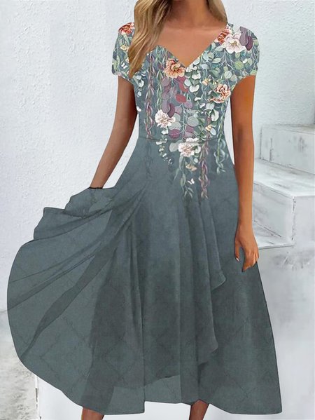 Floral Elegant Regular Fit V Neck Dress, Green, Dresses