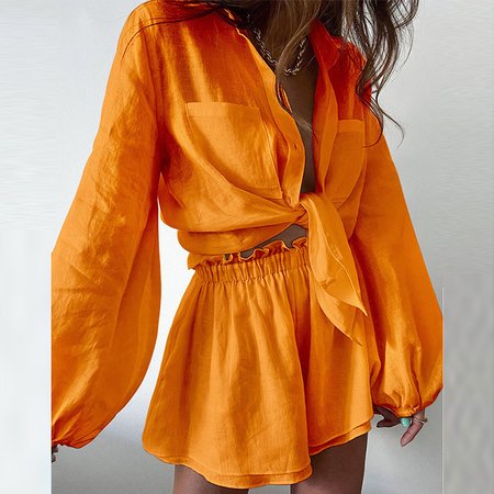 JFN Cotton & Linen Vacation Shirt Collar Two-Piece Set, Orange, Suit Set