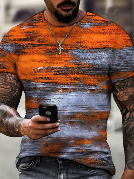 Men's Casual Flag Graphic Crew Neck Stretch Fit Short Sleeve T-Shirt, Orange, T-shirts