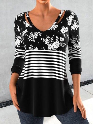 V Neck Loose Casual Floral T-Shirt, Black, T-Shirts