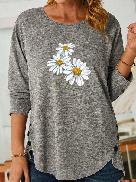 Women's Daisy Print Casual Shirt, Gray, Long sleeves