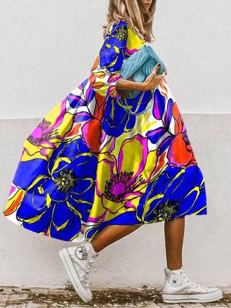 Loose Abstract Crew Neck Urban Midi Dress With No Belt, As picture, Midi Dresses