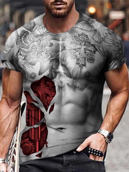 Men's Casual Round Neck High Stretch Fit Short Sleeve T-Shirt, Red, T-Shirts