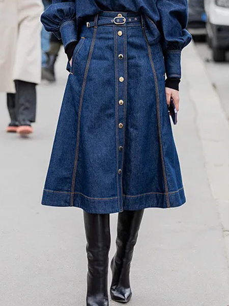 Denim No Elasticity Urban Loose Midi Skirt, Denim blue, Denim Skirts
