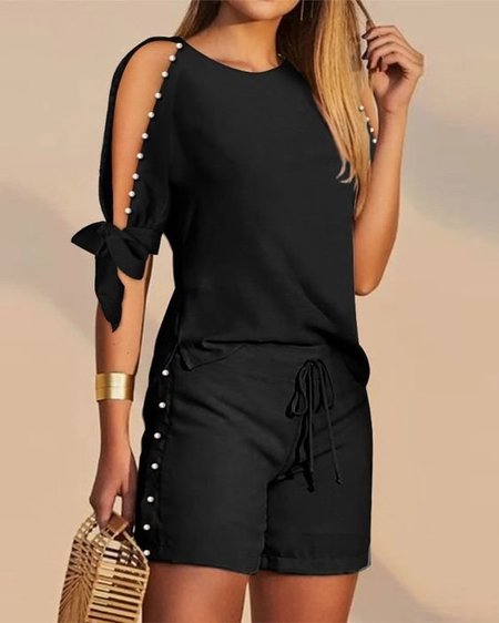 Loose Casual Plain Crew Neck Two-Piece Set, Black, Suit Set