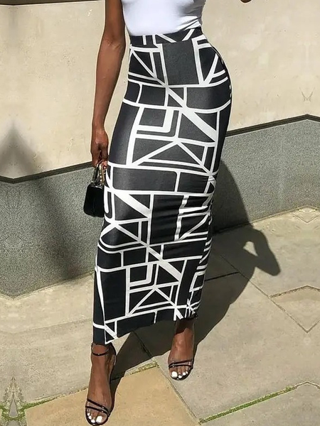 Tight Micro-Elasticity Geometric Elegant Maxi Skirt, Black, Skirts