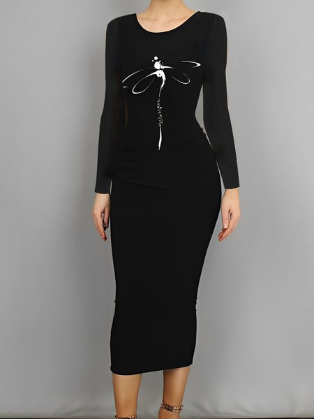 Long sleeve Urban Regular Fit Dragonfly Dress, Black, Maxi Dresses