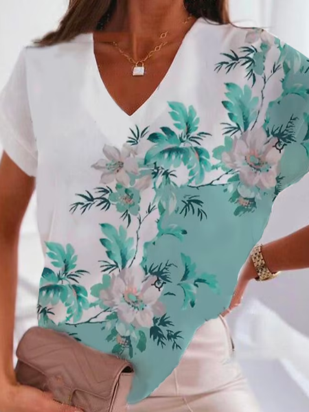 Elegant V Neck Loose Color Block Shirt, Green, Shirts & Blouses