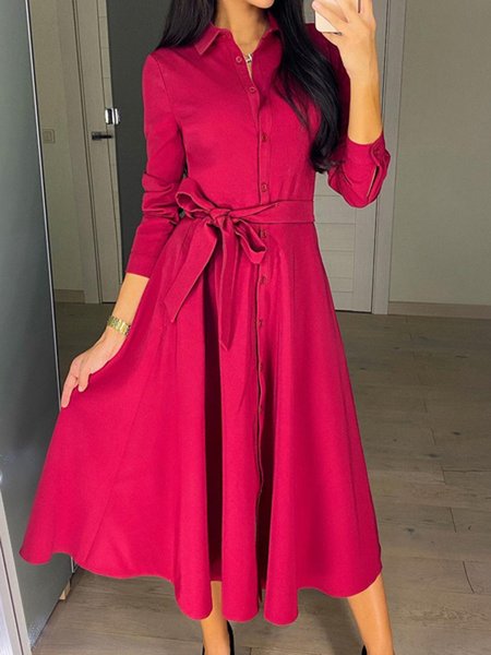 Shirt Collar Loose Urban Dress, Red, Midi Dresses