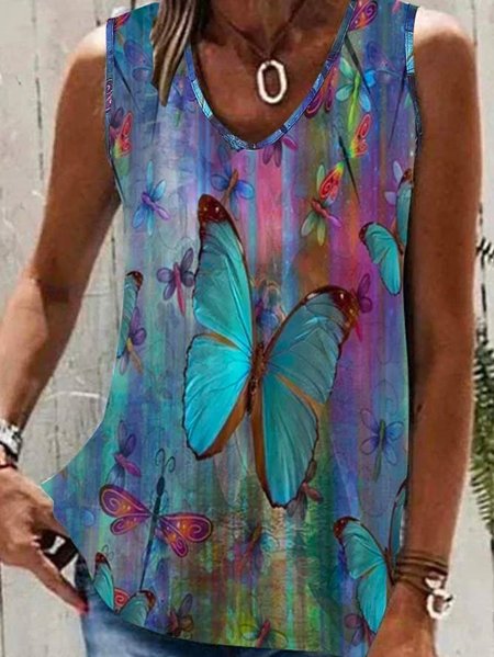 Casual Butterfly Floral Loose Spaghetti Tank Top, Green, Tanks & Camis