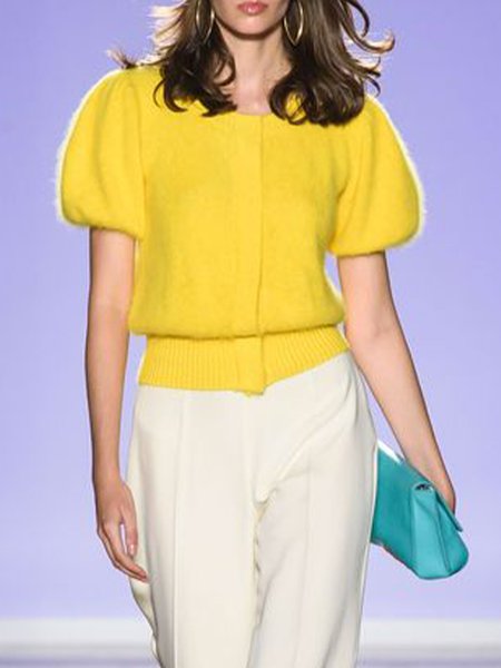 Urban Plain Crew Neck Short Sleeve Sweater, Yellow, Pullovers