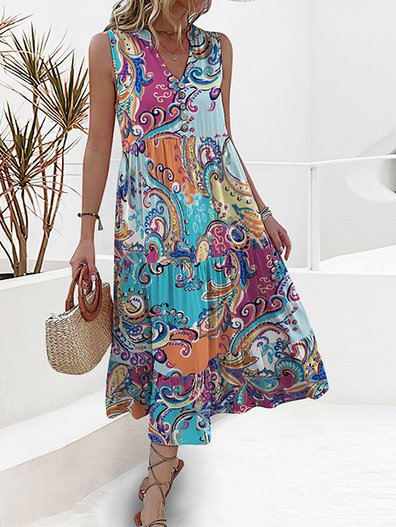 Cashew Flowers Boho Dress With No Belt, Blue, Dresses