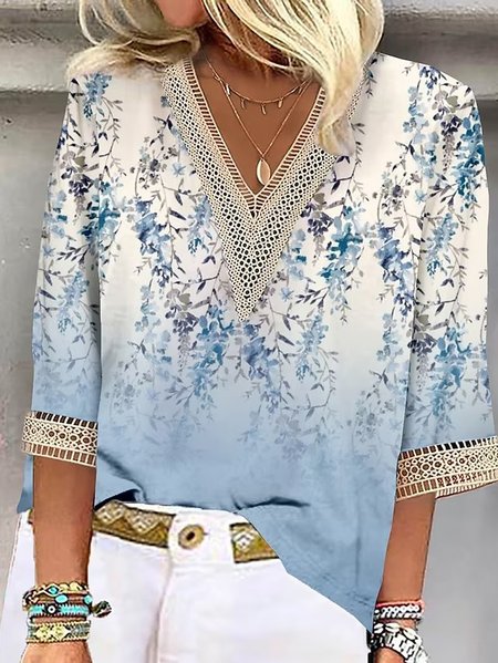 Casual Floral V Neck Lace Loose Shirt, Blue, Shirts & Blouses