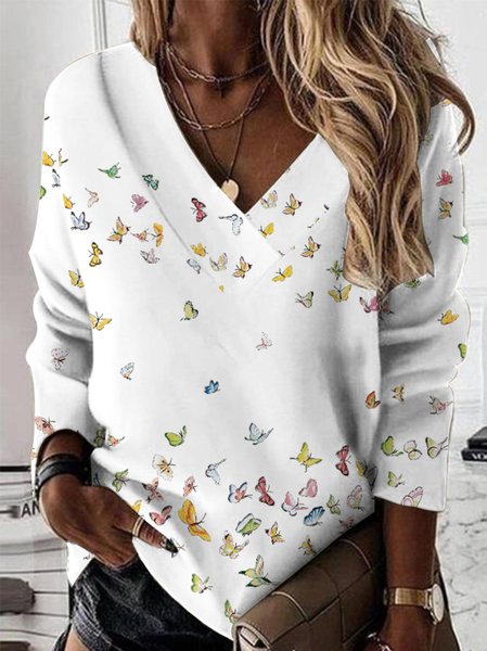 Butterfly Casual Knitted Sweatshirt, White, Sweatshirts & Hoodies