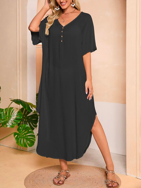V Neck Casual Solid Split Thigh Cover Up Dress, Black, Dresses