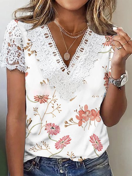 Casual Regular Fit V Neck T-Shirt, Pink, T-Shirts
