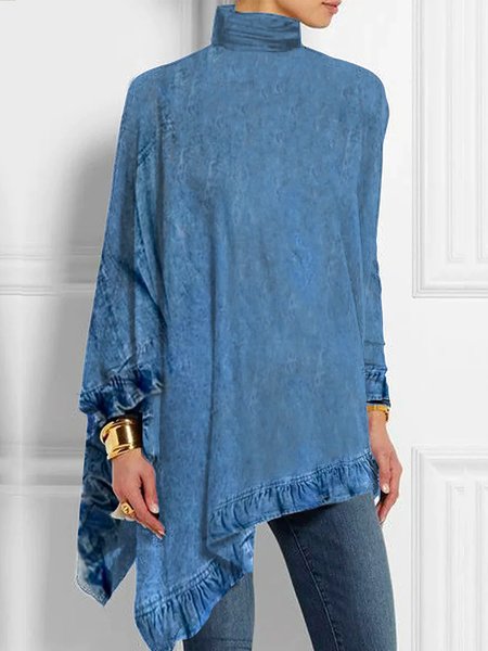 Turtleneck Urban Loose Plain Shirt, Blue, Blouses and Shirts