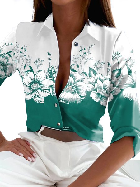 Floral Shirt Collar Loose Casual Blouse, Green, Shirts & Blouses