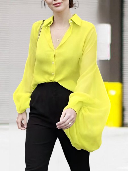 Loose Plain Urban Shirt Collar Long Sleeve Blouse, Yellow, Blouses and Shirts