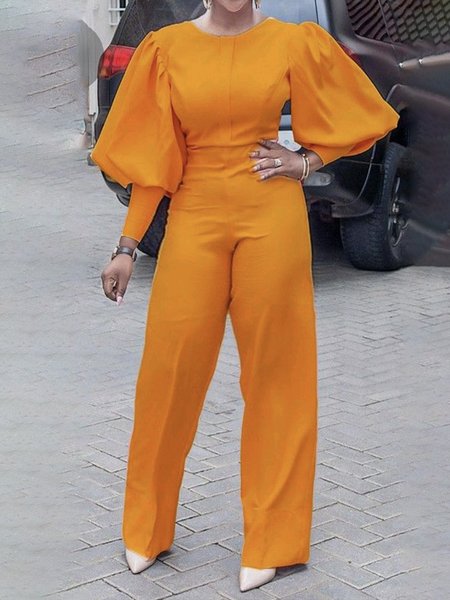 Long sleeve Regular Fit Plain Urban Crew Neck Jumpsuit, Orange, Jumpsuits