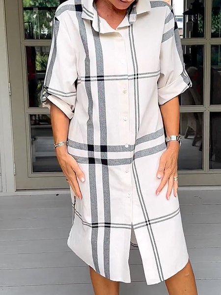 Shawl Collar Loose Buttoned Casual Dress, White, Dresses