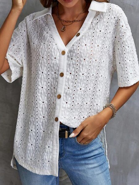 Cotton Casual Shirt Collar Blouse, White, Shirts & Blouses