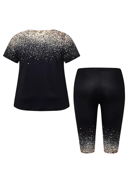 Casual Ombre Crew Neck Regular Fit Two-Piece Set, Black, Suit Set