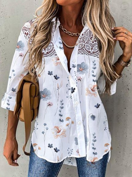 Floral Casual Split Joint Shirt Collar Blouse, White, Shirts & Blouses