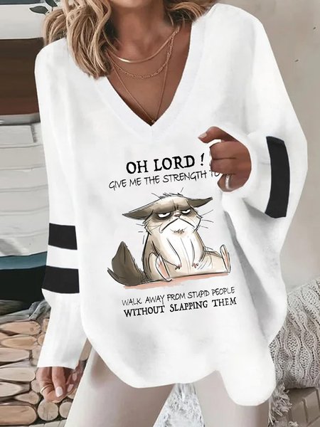 Text Letters Casual V Neck Sweatshirt, White, Sweatshirts & Hoodies