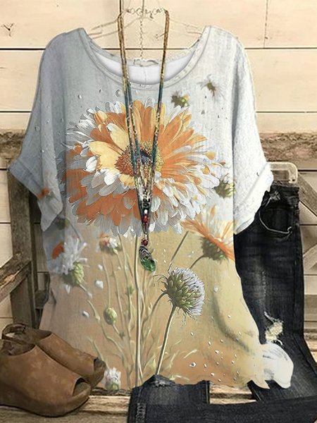 Casual Floral Regular Fit Crew Neck T-Shirt, Beige, T-Shirts