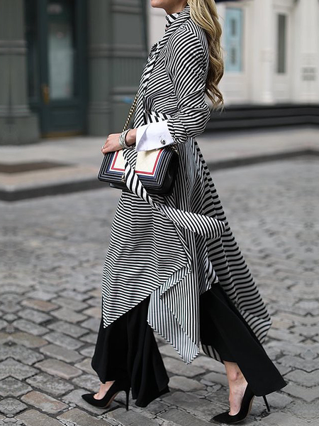 Loose Striped Shirt Collar Long sleeve Urban Mid-long Blouse, Stripe, Blouses and Shirts